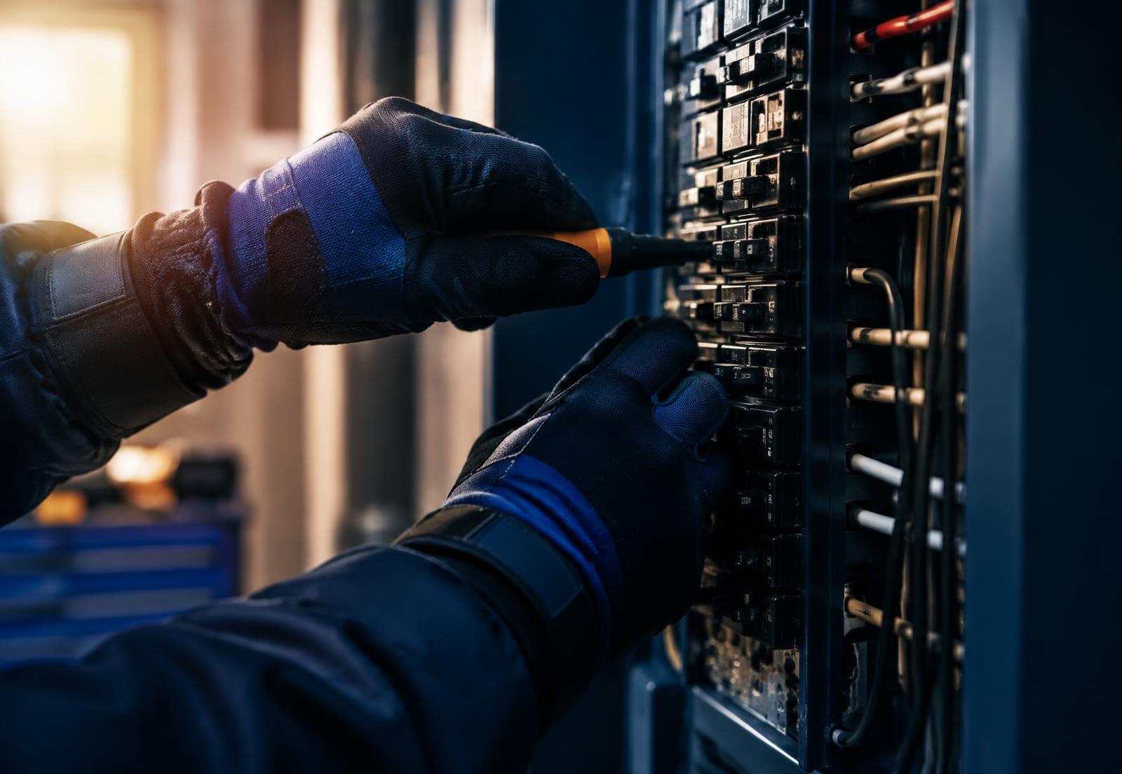 Gloved hands using a screwdriver on a breaker panel (illustrative photo)